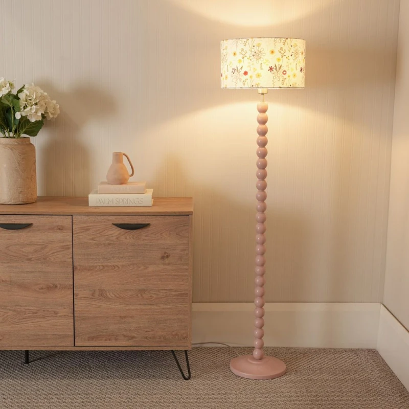 Image of ValueLights Bobbins Painted Rose Floor Lamp with Floral Embroidered Shade and LED Bulb Pale Pink