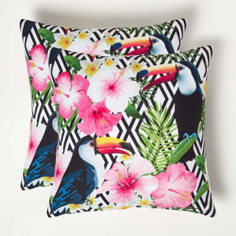 Image of Homescapes Tropical Toucan Outdoor Cushion 45 x 45 cm, Set of 2 Pink