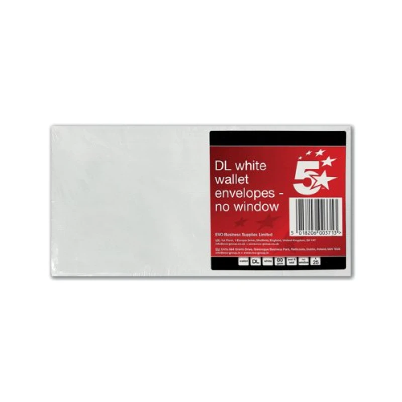 Image of 5 Star Office Envelopes Plain Wallet Self Seal 80gsm DL White (25 Pack) FS600371
