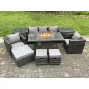 Image of Fimous 5 Seater Dark Grey Outdoor Wicker PE Rattan Dining Sofa Complete Set with Gas Fire Pit, 2 Stools and Big Footstool
