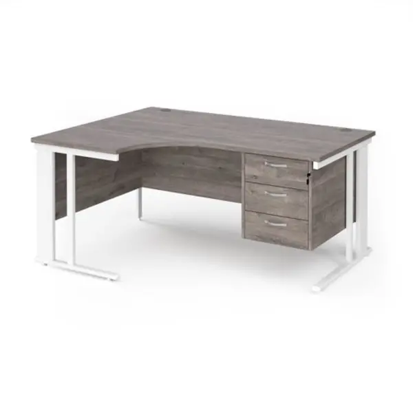 Image of Maestro 25 left hand ergonomic desk 1600mm wide with 3 drawer pedestal - white cable managed leg frame, grey oak top