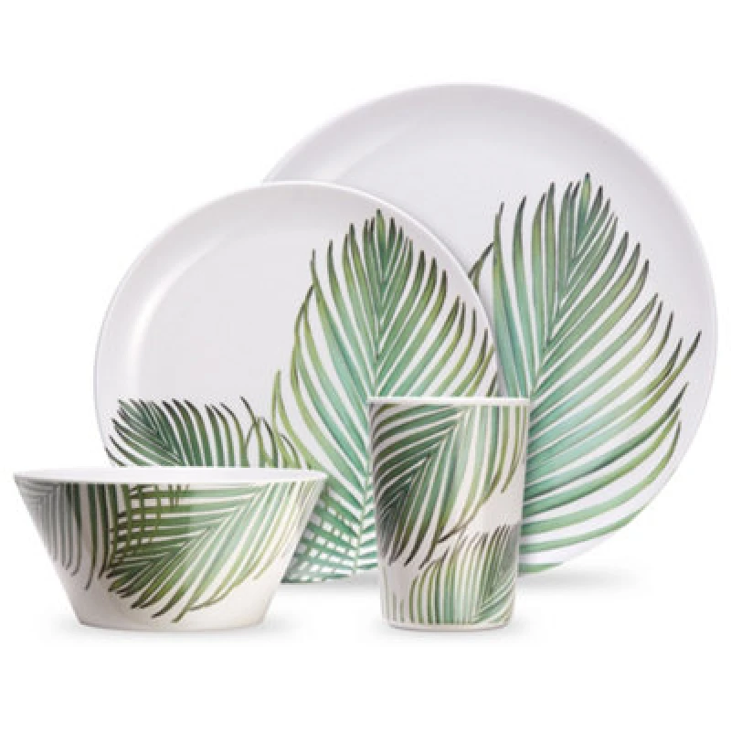 Image of VonShef 16Pc Dishwasher Safe Leaf Print Melamine Dinnerware Set White