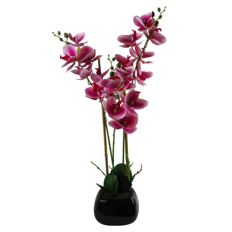 Image of Leaf 70cm Artificial Orchid Dark Pink with Black Ceramic Planter Dark Pink unisex
