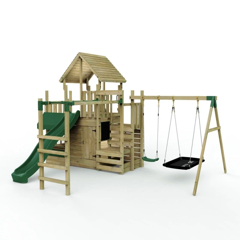 Image of Rebo Wooden Climbing Frame with Double Swing, Monkey Bars, Secret Den and Slide Brown