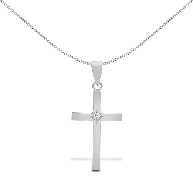Image of Jewelco London 18ct White Gold 0.03ct Diamond Minimalist Solitaire Cross Pendant - 18X107 Silver