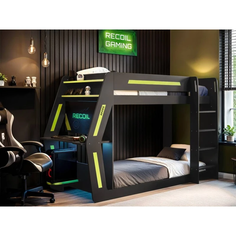 Image of Flair Alister Gaming Bunk Bed with Desk Charcoal & Green Size: Single Charcoal Unisex Single