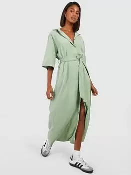 Image of Boohoo Belted Midaxi Shirt Dress - Light Khaki, Green, Size 12, Women