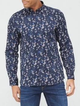 Image of Ted Baker Pastry Floral & Bird Print Shirt - Navy Size M Men