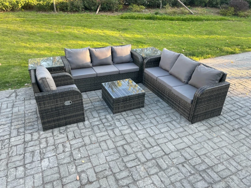Image of Fimous Outdoor Rattan Garden Furniture Set Conservatory Patio Sofa Coffee Table With Reclining Chair 2 Side Tables Dark Grey Mixed Dark Grey