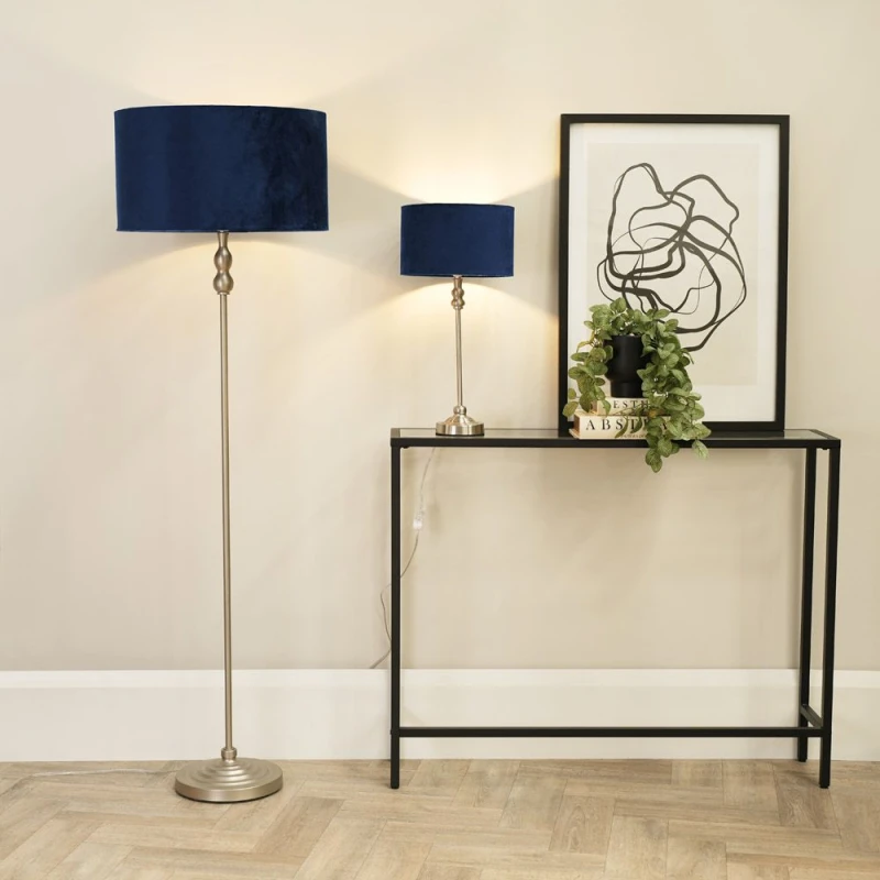Image of ValueLights Maggie Brushed Chrome Silver Candlestick Floor Lamp with Fabric Lamp Shade Navy