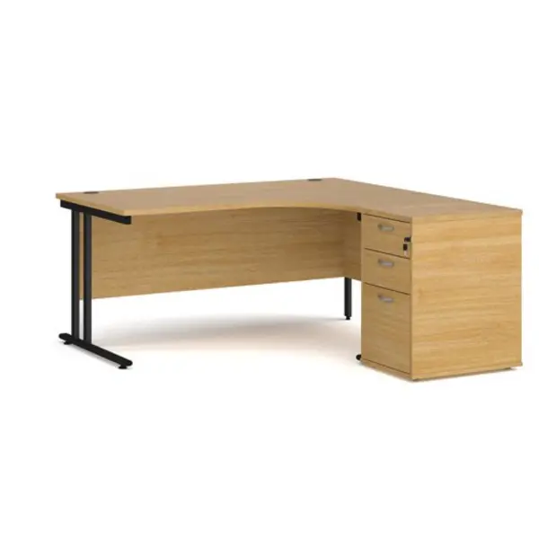 Image of Office Desk Right Hand Corner Desk 1600mm With Pedestal Oak Top With Black Frame Maestro 25