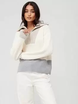 Image of Tommy Hilfiger Colourblock Half-Zip Sweater - Beige, Beige, Size S, Women