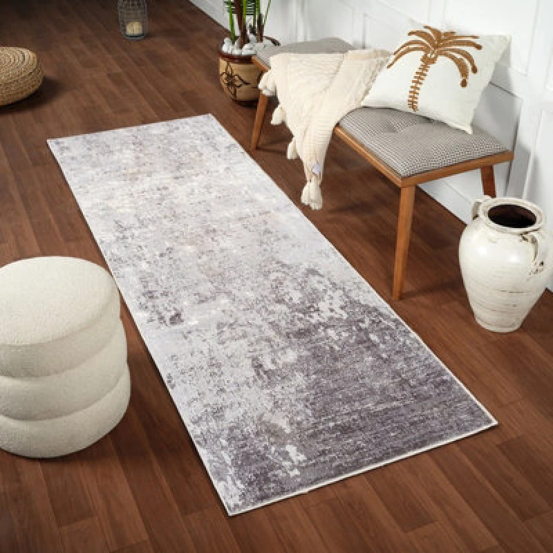 Image of Livabliss Abstract Modern Marble Silver Grey Fiona Runner Rug 80 X 220 Cm - Easy Care, Non Shedding, Ideal For Hallway Or Beside The Bed
