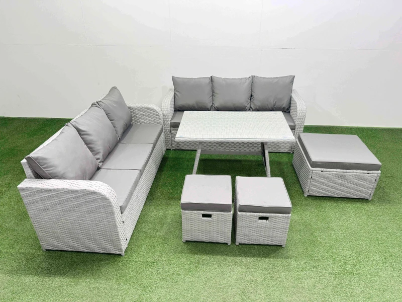 Image of Fimous Rattan High Back Lounge Sofa Set with 3 Seater Sofa 3 Stool in Light Grey Light Grey Unisex