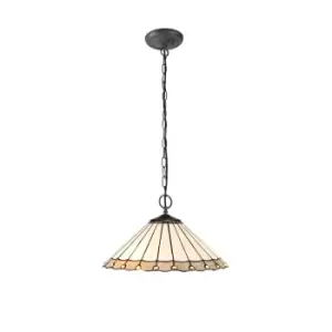Image of 2 Light Downlighter Ceiling Pendant E27 With 40cm Tiffany Shade, Grey, Crystal, Aged Antique Brass