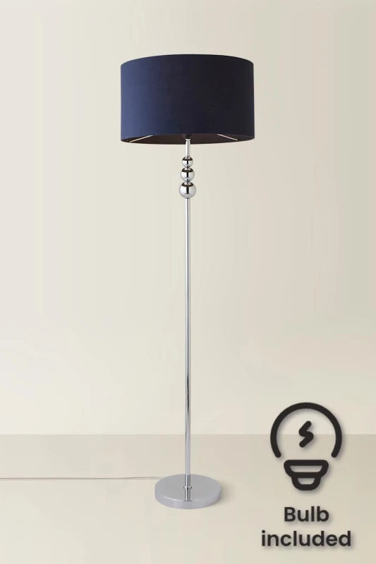 Image of ValueLights Marissa Fabric Drum Shade with Chrome Stacked Ball Floor Lamp with LED Bulb Navy