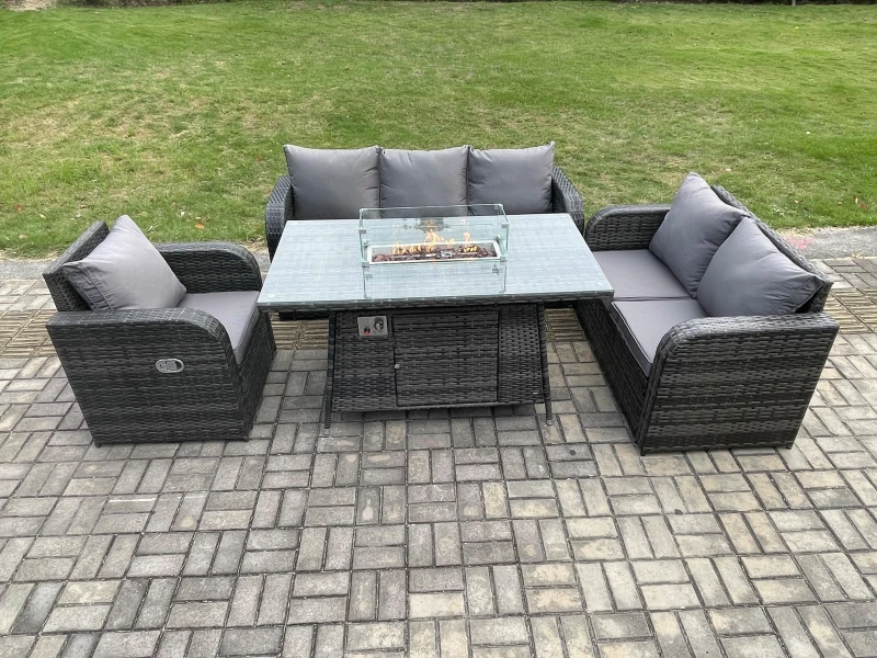 Image of Fimous Rattan Garden Furniture Set with Fire Pit Table 6 Seater Outdoor Lounge Sofa Set Dark Grey Mixed Dark Grey