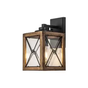 Image of Luminosa Small Wall Lamp, 1 x E27, Wood Effect & Black, Clear Glass, IP54, 2yrs Warranty