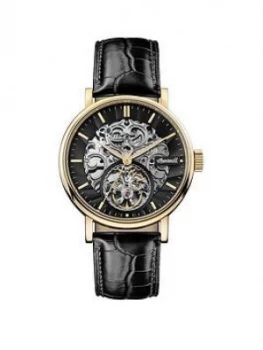 Image of Ingersoll Ingersoll The Charles Black And Gold Detail Skeleton Automatic Dial Black Leather Strap Watch