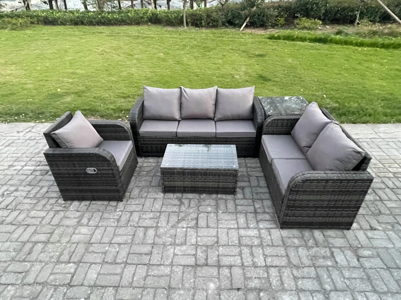 Image of FIMOUS Fimous Patio Garden Furniture Sets Wicker 6 Seater Outdoor Rattan Furniture Sofa Sets with Rectangular Coffee Table Reclining Chair 3 Seater So
