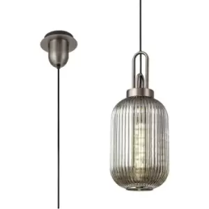 Image of Luminosa 1 Light Pendant E27 20cm Tubular Ribbed Glass, Smoked Antique Silver, Black