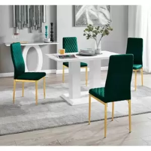 Image of Furniture Box Imperia 4 White Dining Table and 4 Green Velvet Milan Gold Leg Chairs