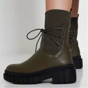 Image of I Saw It First Sock Lace Up Detail Chunky Boots - Green