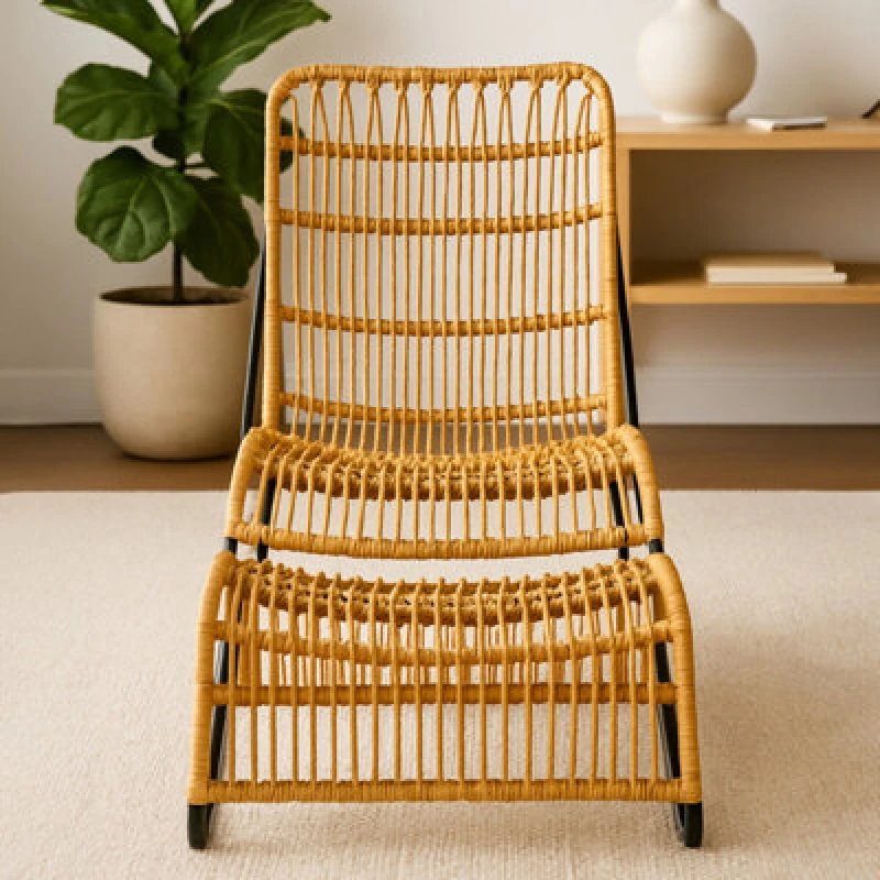 Image of Orsina Rattan Chair And Footstool Set, Vertical Rattan Lining Chair, Hand-Woven Rattan Set With Black Iron Frame