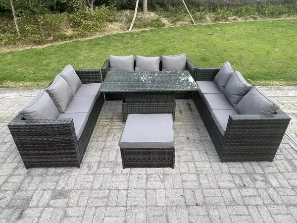 Image of Fimous 9 Seater Outdoor Dark Grey Rattan Lounge Complete Sofa Set with Adjustable Dining Table and Big Footstool
