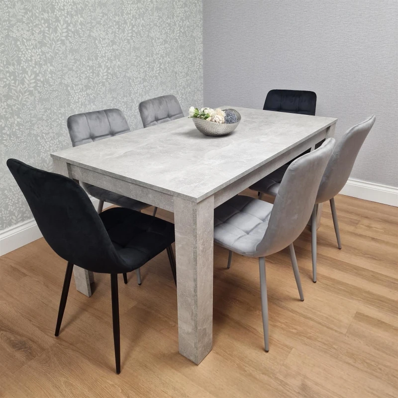 Image of KOSY KOALA Dining Table and 6 Chairs Stone Grey Effect Wood Table 6 Black Grey Velvet Chairs Dining Room Stone grey 140 + 6 mixed rocco