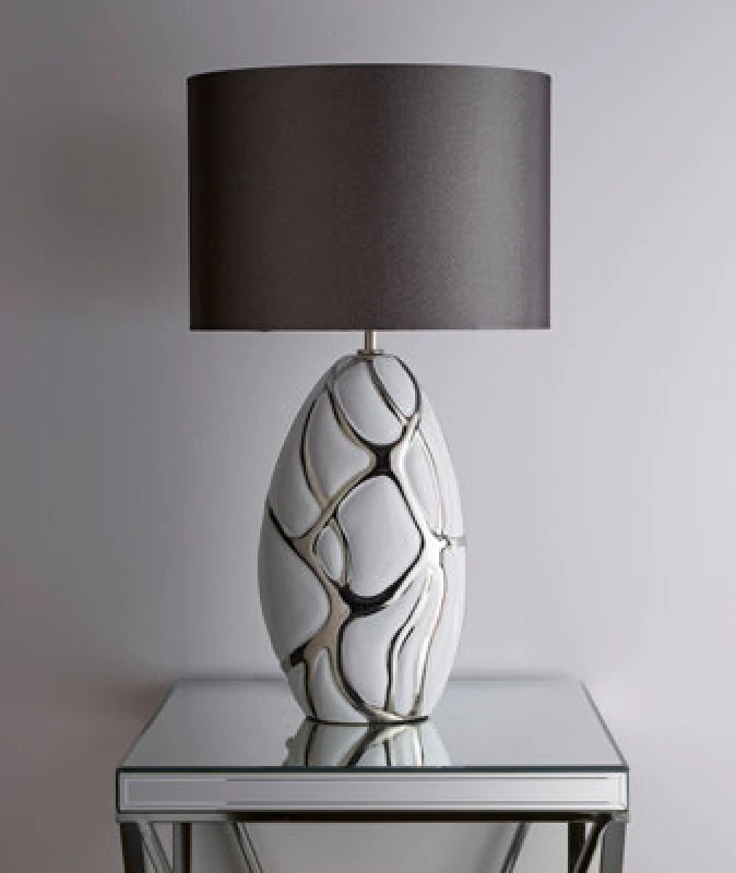 Image of K Living Tall White With Silver Table Lamp In A Ceramic Finish And Dark Grey Lampshade Pebble Style Base Finish