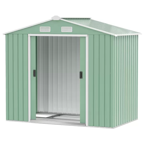 Image of Outsunny 7ft x 4ft Lockable Garden Metal Storage Shed Large Patio Roofed Tool Storage Building Foundation Sheds Box Outdoor Furniture, Light Green