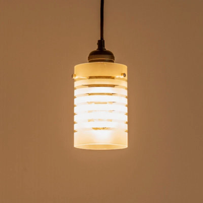 Image of ValueLights Elsie Frosted Glass Striped Ceiling Small Cylinder Lamp Shade with LED Bulb Grey