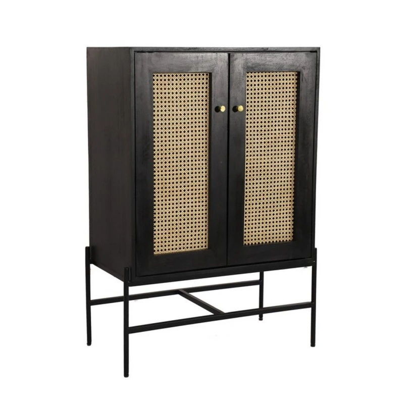 Image of Jaipur Furniture Ltd Rattan 2 Door Highboard Cabinet - Mango Wood/Iron - L45 x W80 x H120cm - Black Finish with Natural Rattan - Assembly Required Bl