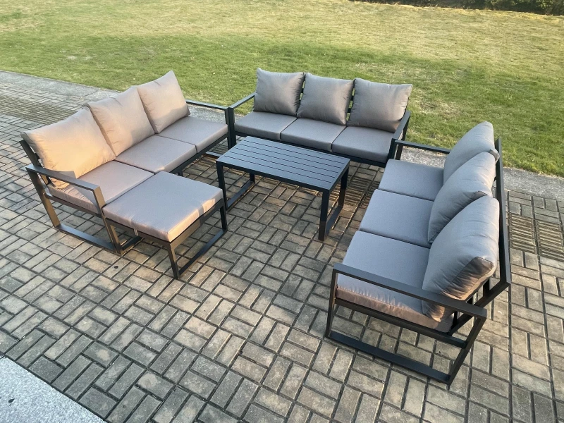 Image of Fimous Aluminium 10 Seater Outdoor Garden Furniture Set Lounge Sofa Oblong Coffee Table Big Footstool Sets with Cushions in Dark Grey Dark Grey Unisex