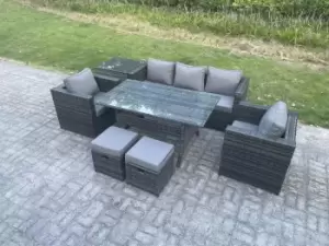 Image of Fimous 5 Seater Outdoor Dark Grey Rattan Lounge Complete Sofa Set with Rectangular Dining Table and 2 Stools