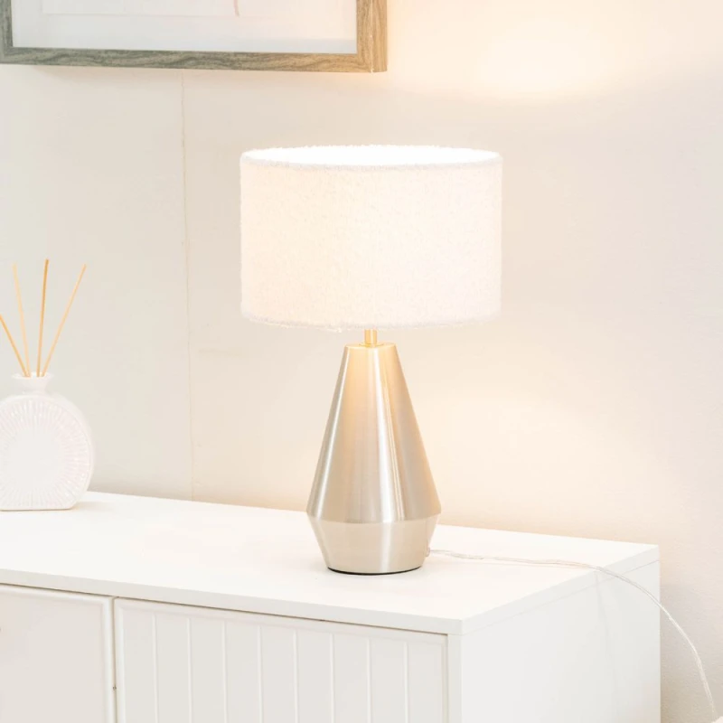 Image of ValueLights Jax Brushed Chrome Metal Dimmable Touch Table Lamp with Cream Boucle Shade Cream unisex