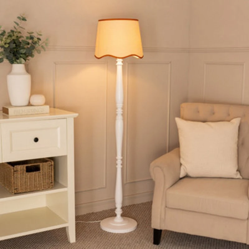 Image of ValueLights Victoria White Wood Candlestick Floor Lamp with Linen Scallop Trim Tapered Shade Burnt Orange