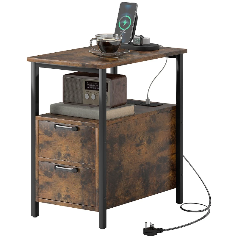 Image of HOMCOM Bedside Table with Charging Station for Living Room, Rustic Brown, Brown 831-873V70RB