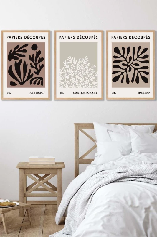 Image of ARTZE Set of 3 Oak Framed Matisse Style Floral Cut Out Brown & Black Wall Art in Chocolate Size: W45cm x H62cm x D20mm Chocolate Unisex W45cm x H