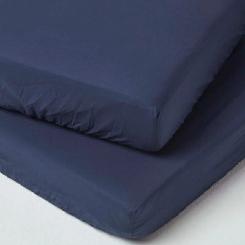 Image of Homescapes Cotton Cot Bed Fitted Sheets 200 Thread Count, 2 Pack Navy