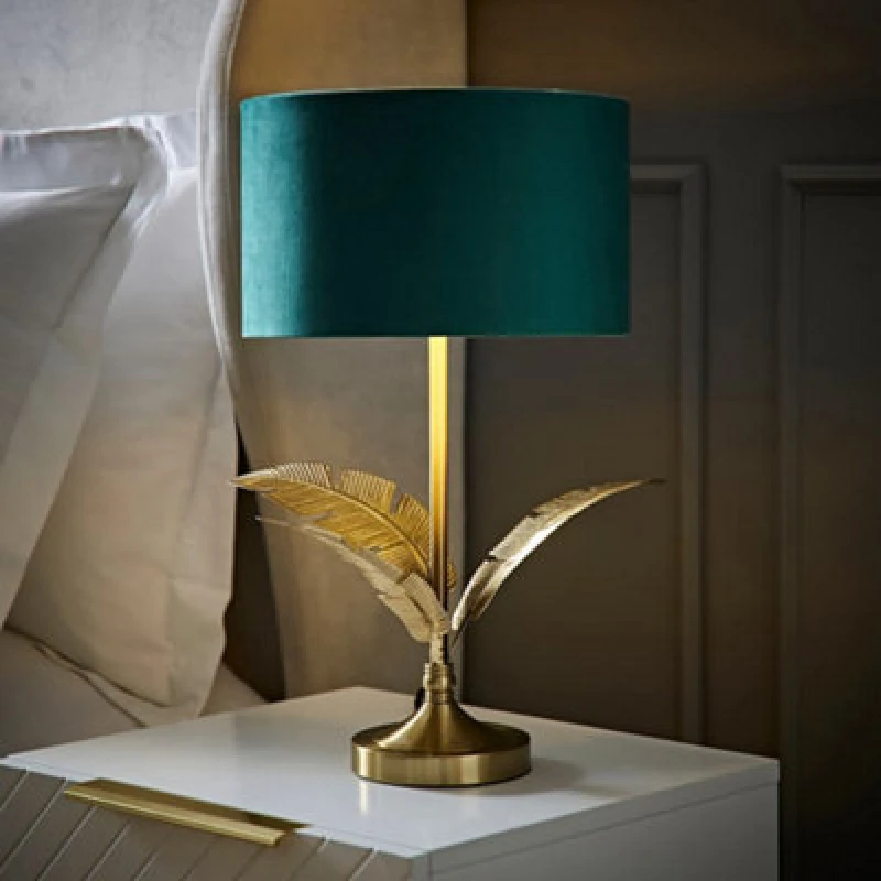 Image of ValueLights ValueLights Christina Velvet with Gold Metallic Inner Drum Shade Gold Palm Leaf Table Lamp in Bottle Green Bottle Green One Size Unisex 50