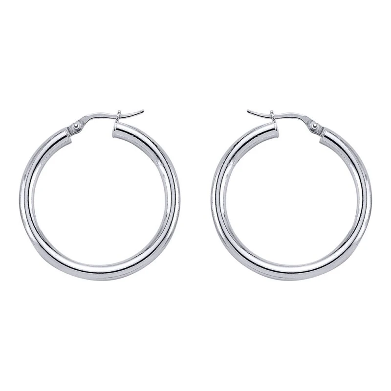 Image of Jewelco London Silver Round Tube Polished Hoop Earrings 30mm - ER7 Silver female