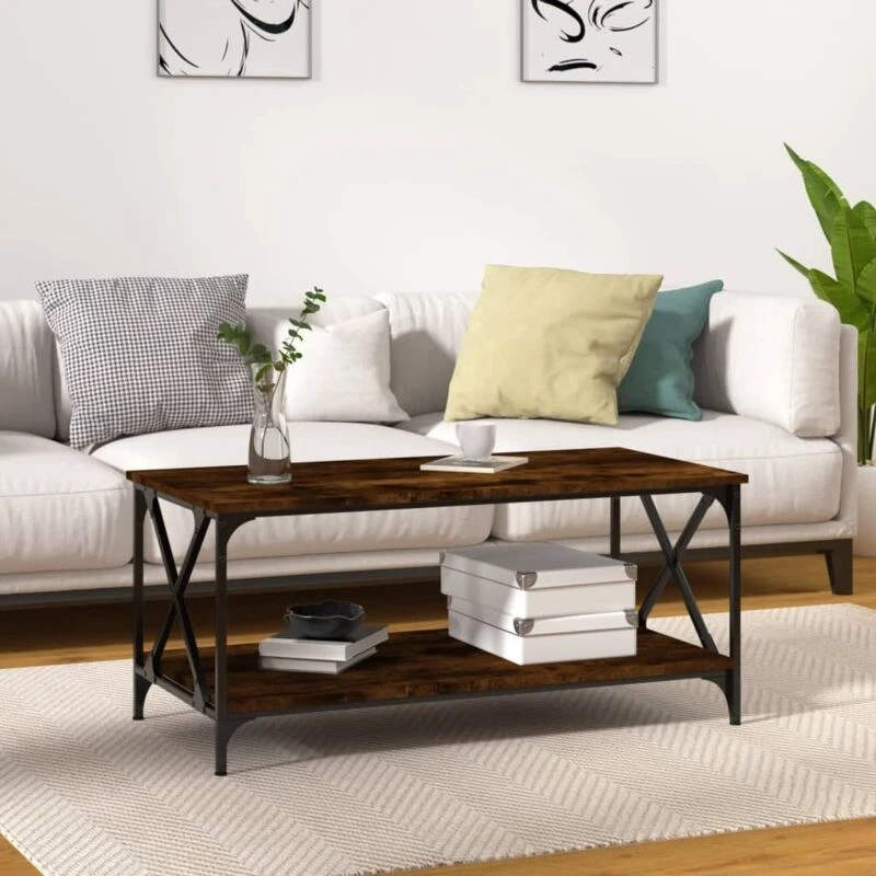 Image of Vidaxl Coffee Table Smoked Oak 100X50X45cm Engineered Wood And Iron, Brown 823309