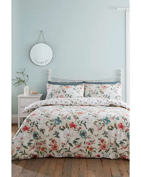 Image of Catherine Lansfield CL Pippa Floral Birds Duvet Set Natural SINGLE PO50701