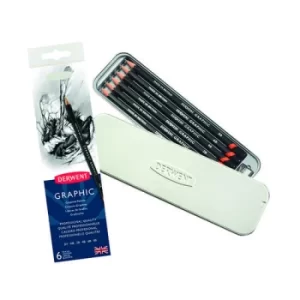 Image of Derwent Graphic Graphite 6 Drawing Pencils with 1 Sharpener (Pack of 6) 0700835