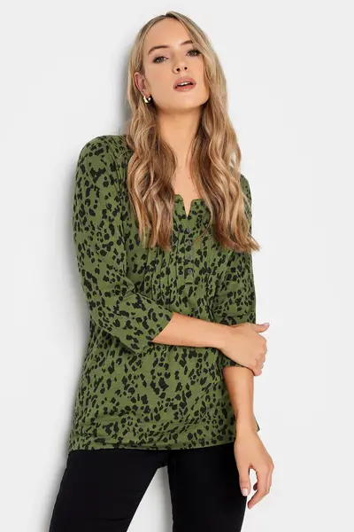 Image of Long Tall Sally Tall Printed Henley Top Green