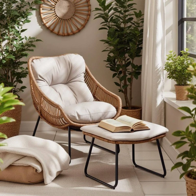 Image of FurnitureboxUK FurnitureboxUK Tahiti Indoor / Outdoor Beige Rattan Chair & Footstool Beige One Size Unisex 5056784315866