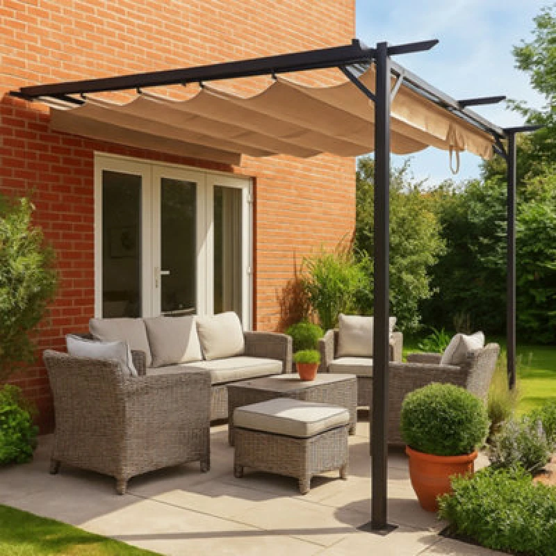 Image of Jack Stonehouse Outdoor Wall Mounted Pergola - Retractable Water-Resistant Roof Canopy & Steel Frame. For Sun, Bbq, Parties - Beige - 3M X 3M