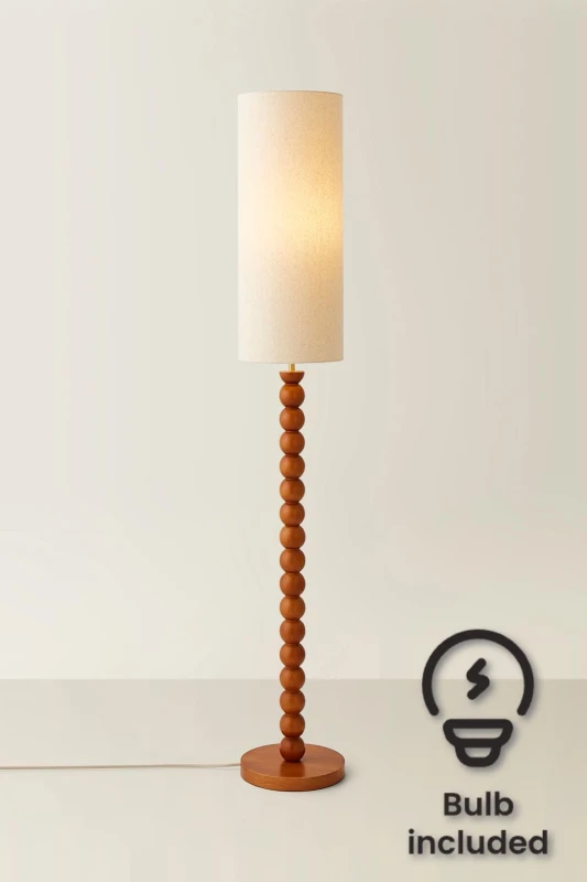Image of ValueLights ValueLights Wyatt Natural Linen Tall Lamp Shade Walnut Wood Bobbin Floor Lamp with LED Bulb Natural One Size Unisex 5059406066597